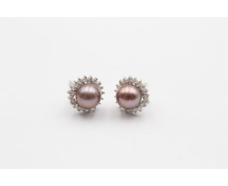 A pair of 9ct white gold, grey cultured pearl and diamond cluster ear studs, diameter 9mm, 1.8gm 