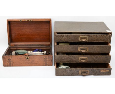 A Victorian gilt metal oval brooch, a butterfly wing ring with ship Arcadia, and two boxes of bijouterie and watch makers spa