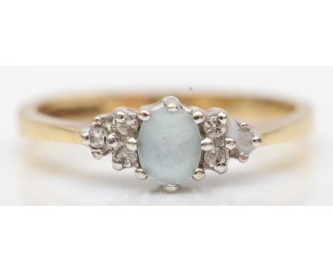 A 9ct gold aquamarine and diamond ring, O, 2.2gm 