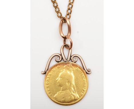 A Victorian Old Head 1887 sovereign, hard soldered as a pendant, metal chain, pendant 9.2gm