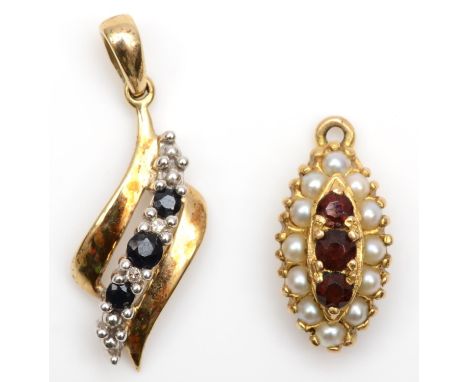 A 9ct gold sapphire and diamond pendant and a garnet and pearl pendant, 2.5gm 