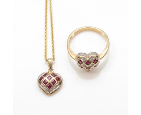 A 9ct gold ruby and diamond heart shape checkerboard ring, O, with matching pendant, 6.1gm 