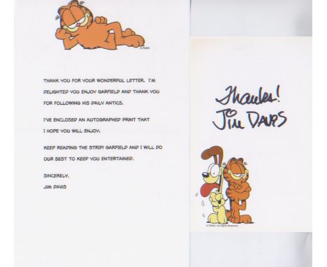 Garfield Jim Davis. Signed print of Garfield by cartoonist, Jim Davis. Good Condition. All autographs are genuine hand signed
