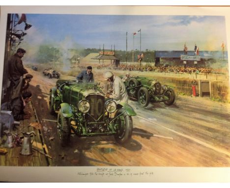 Historical Print approx 33x26 titled Bentleys at Le Mans 1929 by the artist Terence Cuneo. Enlanger fills the sump as Jack Du