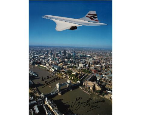 Mike Bannister Chief Concorde Pilot and Adrian Meredith photographer signed 16x12 colour photo of Concorde G-BOAG flying over