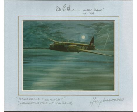 WW2 signed prints. Three items all small sized, Brian Petch signed Battle of Britain Memorial card, Dangerous Moonlight 104 S