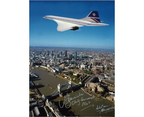 Mike Bannister Chief Concorde Pilot and Adrian Meredith photographer signed 16x12 colour photo of Concorde G-BOAG flying over