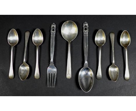 A collection of Danish and British silver flatware, comprising a Georg Jensen Christening spoon, 15.5cm long, and fork, 14cm 
