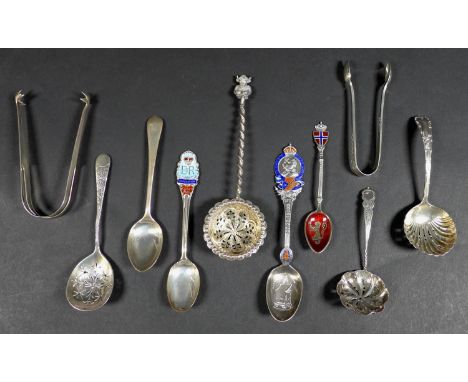 A group of ten silver items, comprising four sifter spoons, largest 15cm, commemorative George V Coronation 1911 spoon, 13.7c