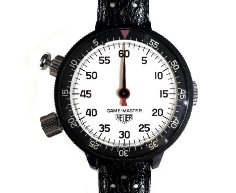 A Heuer Game-Master stainless steel cased wrist-worn stopwatch, circa 1960, ref 502.050, manual wind movement, the white dial