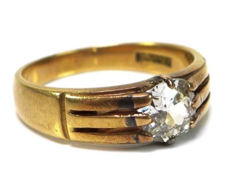 An 18ct gold and diamond solitaire ring, the central old cut diamond of approximately 0.85ct, measuring 6.5mm by 3.3mm, in a 