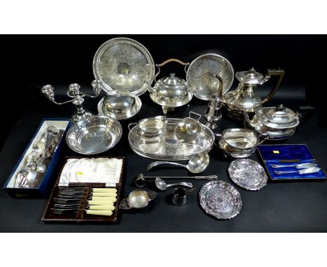 A quantity of silver plate including a kettle with cane handle on spirit warming stand, Martin Hall & Co Ltd, a teaset compri