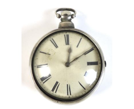 A Victorian silver pair cased pocket watch, with white enamel face, Roman numerals and gilt hands, the verge escapement movem