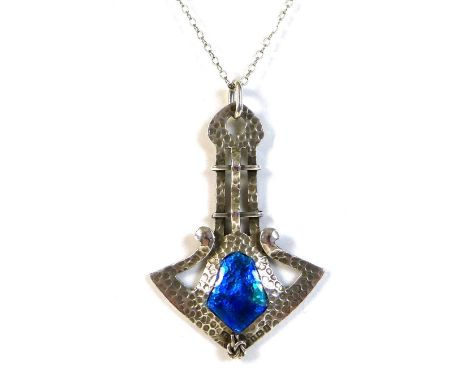 An Art Nouveau silver pendant, of stylised anchor form, decorated with green and blue enamel, J.R, Birmingham 1908, 46 by 32m