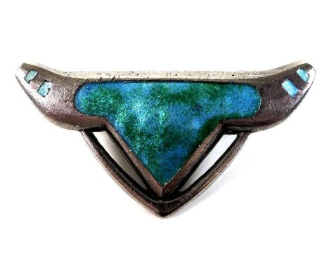 An Art Nouveau Charles Horner silver brooch, of organic pierced form, decorated with green and turquoise enamel, pin fastenin