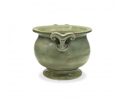 LARGE CÉLADON-GLAZED CERAMIC CACHEPOT Probably China, 20th Century Circular section with globular body and flared mouth, two 
