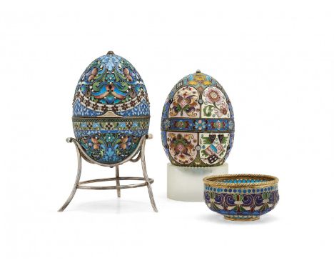 TWO SILVER-GILT AND ENAMELS EGGS AND A CAVIAR BOWL Marked Fabergé, Saint Petersbourg, 20th Century With silversmith's mark in