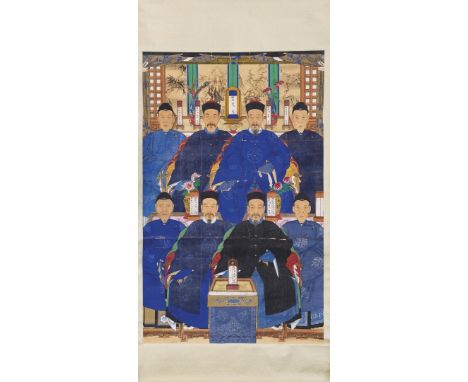 PORTRAIT OF ANCESTORS China, early 20th Century Ink and colours on paper, depicting a family group with eight male and female