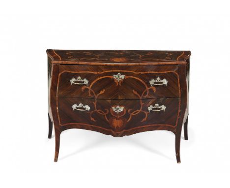 KINGWOOD AND ROSEWOOD COMMODE Central Italy, mid 18th Century Shaped, with two drawers, with floral inlays. Damage to veneer,