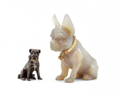 TWO HARD STONES, GOLD AND SILVER DOGS Marked Fabergé, 20th Century One in nephrite with gold collar and a smaller silver one 