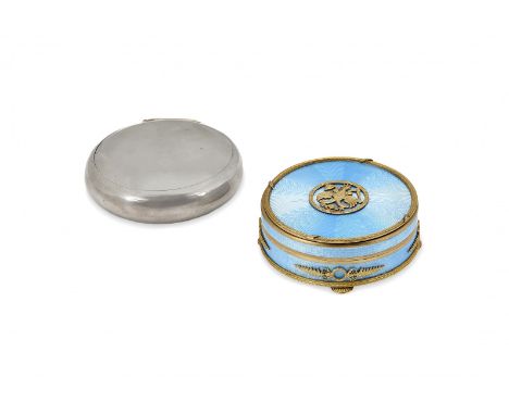 SILVER AND ENAMEL BOX Marked Fabergé, 20th Century Cylindrical, light blue guilloché enamel, with silver-gilt palmette frieze