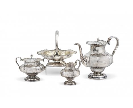 SILVER AND SILVER-GILT  TEA SET Latvia, 19th-20th Century Comprising teapot, milk jug, sugar bowl and cookie stand, bombé, wi