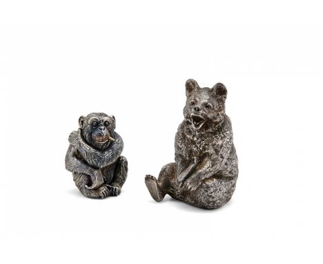 TWO SILVER AND HARD STONES ANIMALS Marked Fabergé, 20th Century Depicting a gorilla smoking a cigarette and a bear. 418 g The