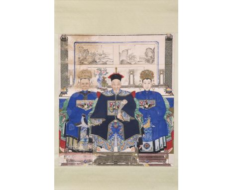 PORTRAIT OF ANCESTORS  China, early 20th century Ink and colours on paper, depicting a family group with three figures, a man