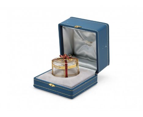 ROCK CRYSTAL, GOLD, ENAMEL AND DIAMONDS Marked Fabergé, 1970 circa Circular, with gold ribbon and red enamel ending in a bow 