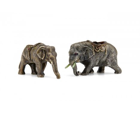 TWO SILVER, SILVER-GILT AND HARD STONES SALT-CELLARS Marked Fabergé, 19th-20th Century In the form of elephants, one with nep