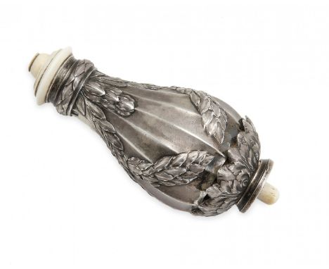 SILVER AND BONE LAMP SWITCH France, late 19th Century Piriform, polylobate, with embossed laurel wreaths and bone ends. 4.3 x