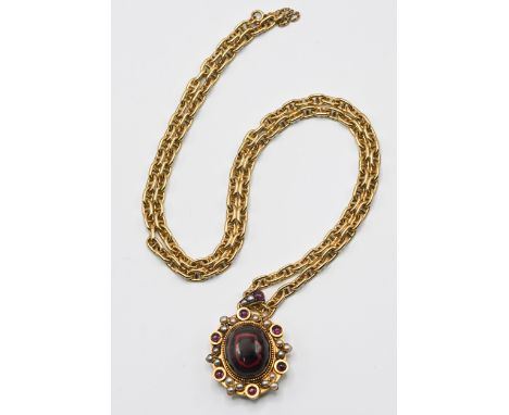 A rare and stunning garnet and amethyst memorial pendant with heavy gage chain, marked 750 (18ct, believed to be of a Dutch-E