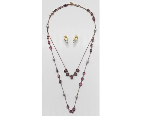 A 9ct amethyst and pearl necklace together with a pair of pearl earrings, marked SDPB and a garnet set necklace on a fine cha