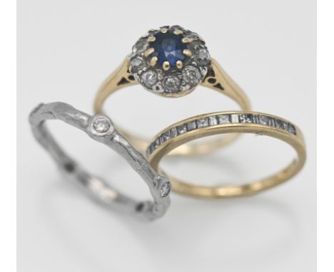 An 18ct sapphire and diamond cluster ring, size k/l and two other rings (3)