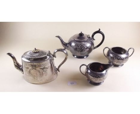 A silver plated teapot and a silver plated three piece tea set