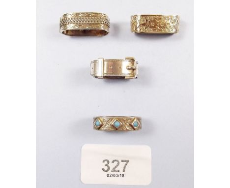 Three Victorian white metal scarf clips (one Reading patent) and a white metal and turquoise scarf ring