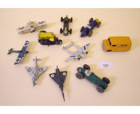 A collection of various Dinky and die cast cars including Ferrari 23H, Cooper Bristol 23G, Bedford Van 480, aircraft, old mot