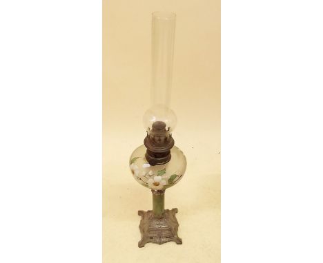 A Victorian floral painted oil lamp