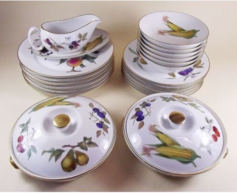 A Royal Worcester Evesham dinner service comprising: six dinner plates, six breakfast plates, six bowls, two tureens and a sa
