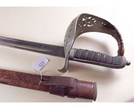 A George V officers dress sword with proved and engraved blade and leather scabbard - the scabbard a/f