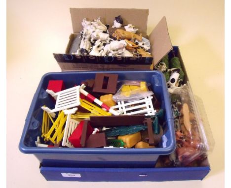 A quantity of vintage Britains plastic farmyard animals and accessories plus other makes