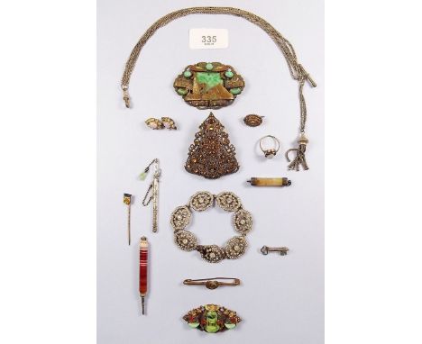 Two Egyptian Revivalist brooches, a white metal miniature sword and scabbard and other antique jewellery