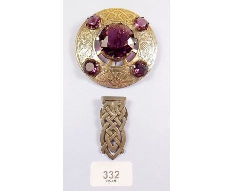 A Liberty pewter scarf clip and a large size Scottish brooch set purple 'stones'