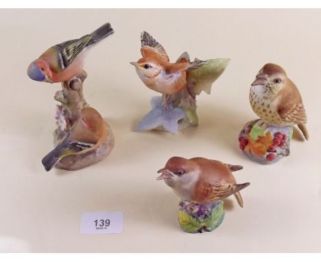 A group of four Royal Worcester birds comprising nightingale, fledgling wren, thrush and chaffinch
