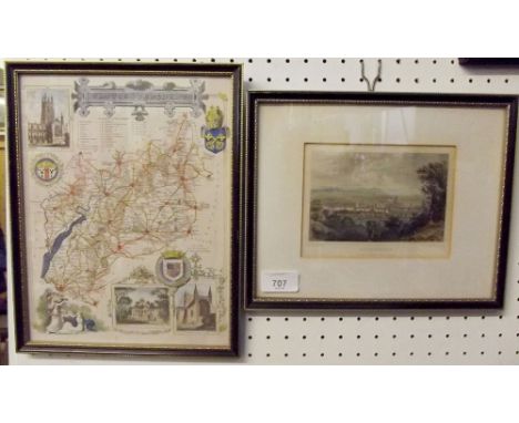 A map of Gloucestershire 26 x 20cm, and a print view of Gloucester after Bartlett - 9 x 14cm