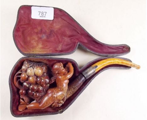 A 19th century meerschaum pipe carved venus and grapes - cased, foot a/f
