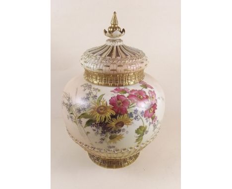 A Royal Worcester ivory blush pot pourri vase and cover painted flowers, dated code 1903, No. 1286 - includes inner lid, 30cm