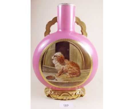 A Royal Worcester large pink ground vase painted scene after Landseer 'No Place Like Home' 27cm tall