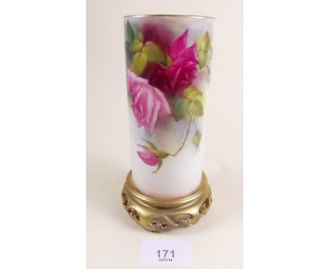 A Royal Worcester cylindrical vase painted roses on an ivory blush vase No. 161, 16cm tall, circa 1917