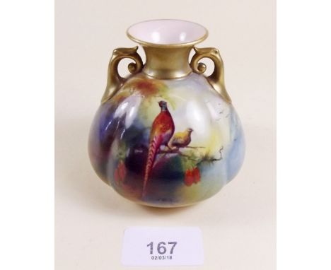 A Royal Worcester porcelain vase painted pheasants, signed F J Bray - No 155 - 8cm